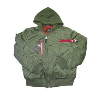 NWT Alpha Industries Women's MA-1 Natus in Moss Satin Hooded Bomber Jacket XL
